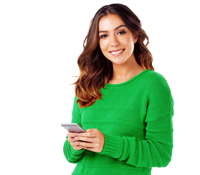 Girl on phone green sweater